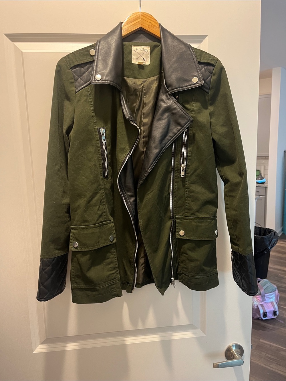 LA Hearts Olive Green Mixed-Material Moto Jacket